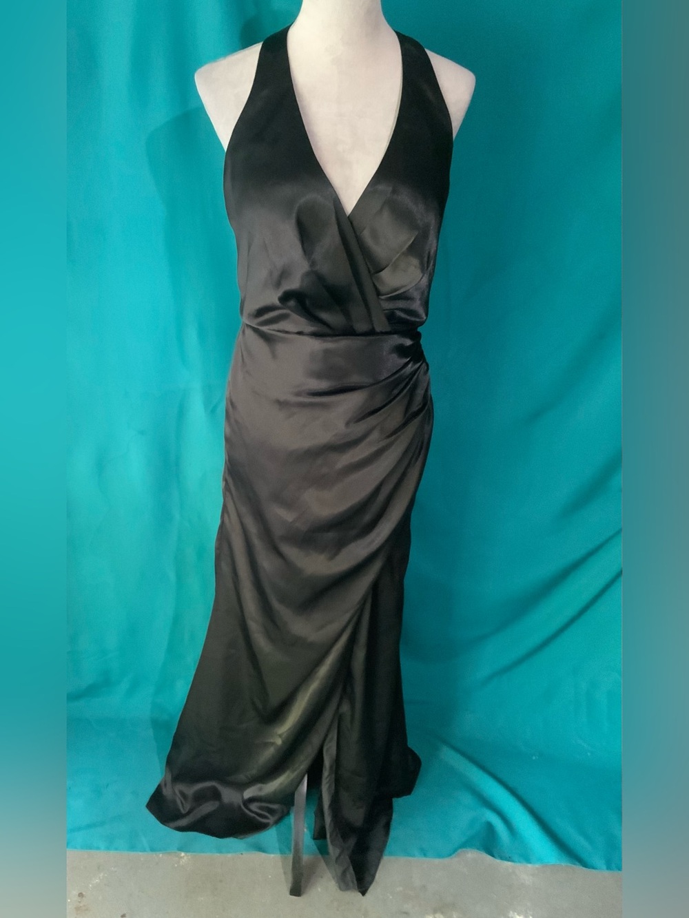 GALINA SIGNATURE CHARMEUSE HALTER BLACK SATIN BACKLESS BRIDESMAID GOWN